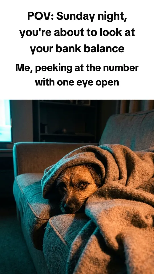 Meme. Top: POV: Sunday night, you're about to look at your bank balance Bottom: Me, peeking at the number with one eye open